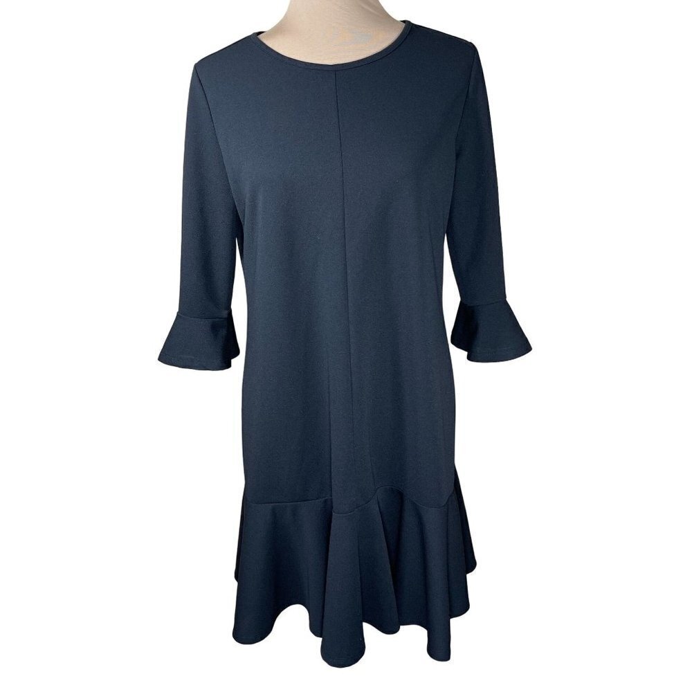 Simlu Shift Dress Black 3/4 Sleeve Ruffle Hem Size XL